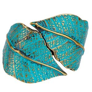 Brass Turquoise Leaf Big Wrap Cuff Clamp Wrap Bangle Bracelet Bohemian Bracelet